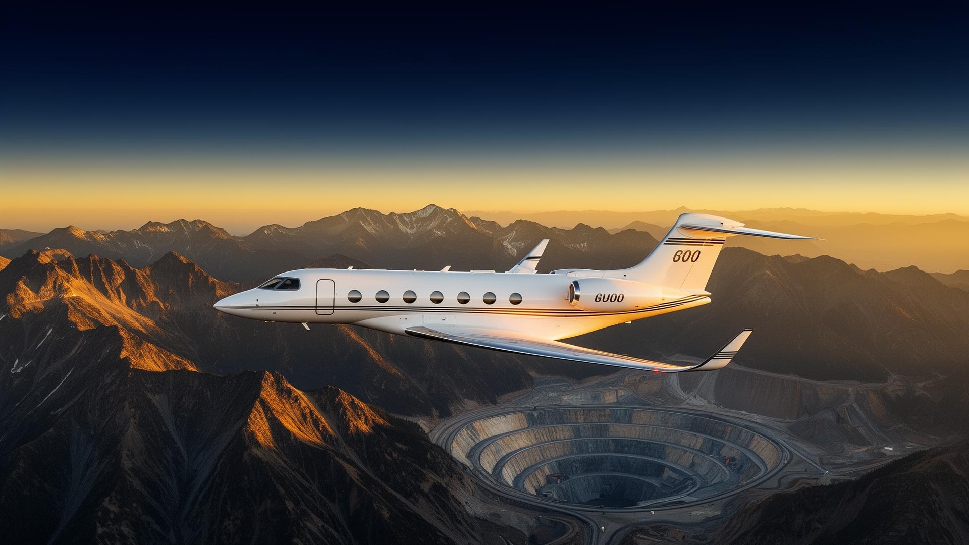 Private jet flying over mountain mine at sunset